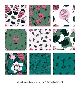 set of 9 floral seamless pattern with wildflowers . Creative floral texture for fabric, wrapping, textile, wallpaper, apparel. Vector hand drawn illustration