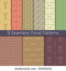 Set of 9 floral seamless patterns from hand drawn sketches. Can be used for wallpapers, backgrounds etc. Optimized for easy color changes. EPS10 vector illustration includes Pattern Swatches.