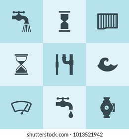 Set of 9 flow filled icons such as sand watch, air filter, car wiper, water tap, pump, pipe, hourglass