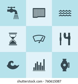 Set of 9 flow filled icons such as air filter, car wiper, water tap, diagram, pump, pipe, hourglass