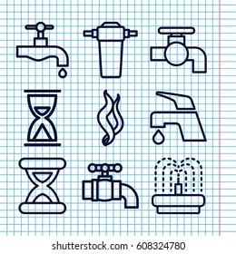 Set of 9 flow outline icons such as tap, fountain, smoke