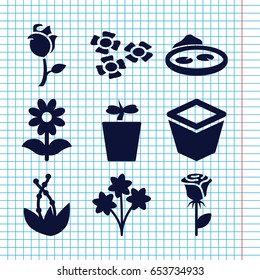 Set of 9 flower filled icons such as rose, pot for plants, plant in pot, flower, pond, plant