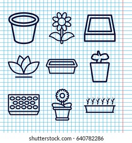 Set of 9 flowerpot outline icons such as pot for plants, plant in pot