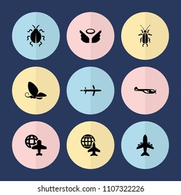 Set of 9 fly filled icons such as helicopter, globe and plane, plane, butterfly, beetle, wings