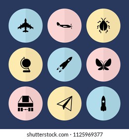 Set of 9 fly filled icons such as paper airplane, rocket, plane, butterfly,  globe, ladybug