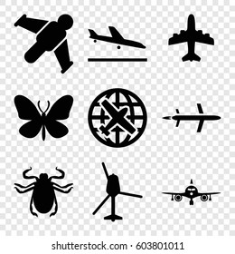 Set of 9 fly filled icons such as butterfly, beetle, plane landing, plane, helicopter