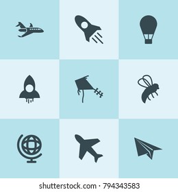 Set of 9 fly filled icons such as bee, plane, rocket, paper plane, globe, kite