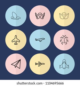Set of 9 fly outline icons such as plane, paper airplane, wings, butterfly, ladybug