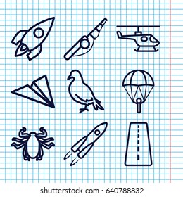 Set of 9 fly outline icons such as runway, dove, beetle, rocket, helicopter, paper plane, parachute
