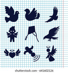 Set of 9 flying filled icons such as eagle, heart angel wings, bird, angel, satellite