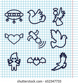 Set of 9 flying outline icons such as eagle, devil heart with wings, bird, angel, satellite, heart with wings