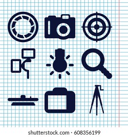Set of 9 focus filled icons such as camera, search, camera shutter