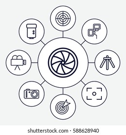 Set of 9 focus outline icons such as camera, camera flash, center focus