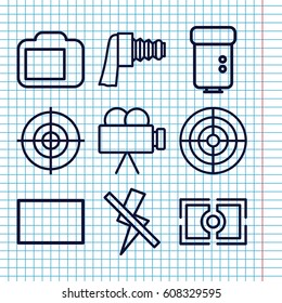 Set of 9 focus outline icons such as camera zoom, camera flash, burst, no flash