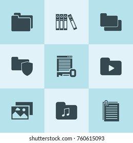 Set of 9 folder filled icons such as paper, binder, folder, locked document
