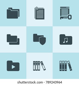 Set of 9 folder filled icons such as paper, binder, folder