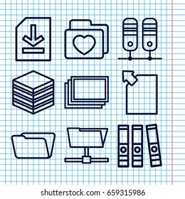 Set of 9 folder outline icons such as photos, folder, folder with heart, file, binder, archive