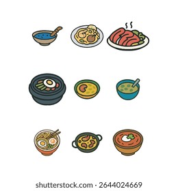 Set of 9 Food Dishes icons. Simple cartoon style illustration.