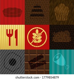 Juego de 9 iconos planos de comida. Lujoso entorno. Ilustración. 