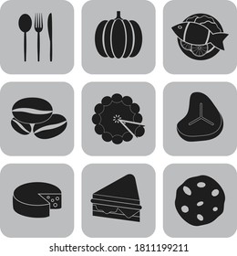 Set of 9 food flat icons. Luxurious background. Vector illustration. 