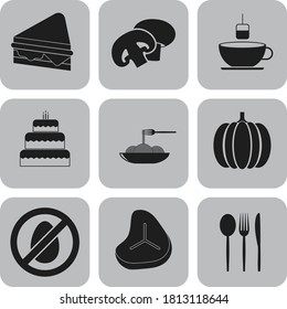 Set of 9 food flat icons. Luxurious background. Illustration. 