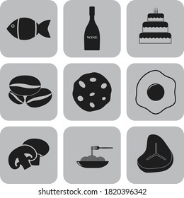 Set of 9 food flat icons. Delicate background. Illustration. 