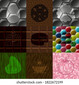 Set von 9 flachen Symbolen für Lebensmittel. Chic Hintergrund. Illustration. 