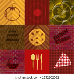 Set of 9 food flat icons. Fancy background. Vector illustration. 