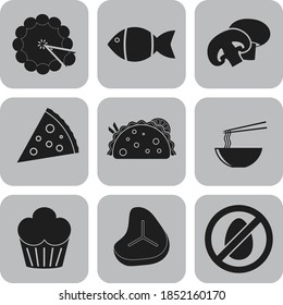 Set of 9 food flat icons. Graceful background. Vector illustration. 