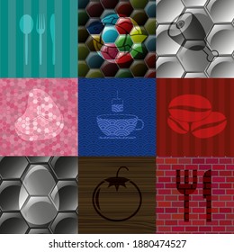 Juego de 9 iconos planos de comida. Fondo clásico. Ilustración. 
