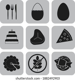 Set of 9 food flat icons. Graceful background. Illustration. 