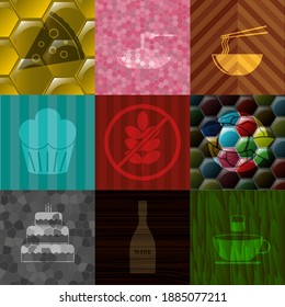 Set of 9 food flat icons. Fashionable background. Vector illustration. 