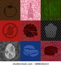 Set of 9 food flat icons. Chic background. Intense illustration. 