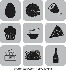 Conjunto de 9 iconos de comida. Fondo elegante. Ilustración intensa. 