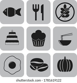 Set of 9 food icons. Classic background. Illustration. 