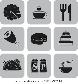 Set of 9 food icons. Fashionable background. Intense illustration. 