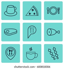 Set Of 9 Food Icons. Includes Cutlery, Pepperoni, Food Mapping And Other Symbols. Beautiful Design Elements.