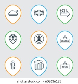 Set Of 9 Food Icons. Includes No Drinking, Board, Chicken Fry And Other Symbols. Beautiful Design Elements.