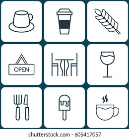 Set Of 9 Food Icons. Includes Fork Knife, Wineglass, Tea And Other Symbols. Beautiful Design Elements.