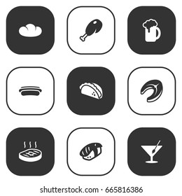 Set Of 9 Food Icons Set.Collection Of Seafood, Ale, Mexican Food And Other Elements.
