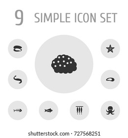 Set Of 9 Food Icons Set.Collection Of Roe, Clam, Tunny And Other Elements.