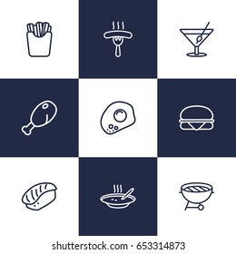 Set Of 9 Food Outline Icons Set.Collection Of Sausage, Soup, Sandwich Elements.