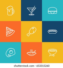 Set Of 9 Food Outline Icons Set.Collection Of Sandwich, Chicken Leg, Pepperoni Elements.