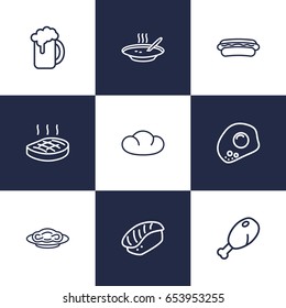 Set Of 9 Food Outline Icons Set.Collection Of Bread, Hotdog, Soup And Other Elements.