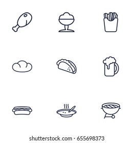 Set Of 9 Food Outline Icons Set.Collection Of Bbq, Hotdog, Soup And Other Elements.
