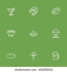 Set Of 9 Food Outline Icons Set.Collection Of Cocktail, Porridge, Bread And Other Elements.