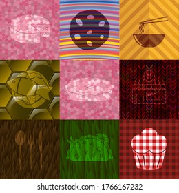 Set of 9 food related flat icons. Delicate background. Artistic illustration. 