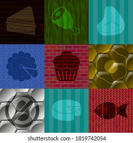 Set of 9 food related flat icons. Delicate background. Artistic illustration. 