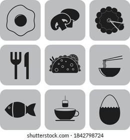 Set of 9 food related flat icons. Luxurious background. Intense illustration. 