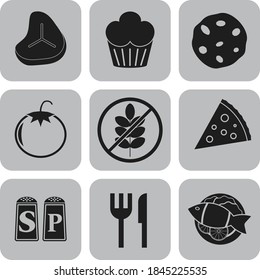 Set of 9 food related flat icons. Fashionable background. Artistic illustration. 